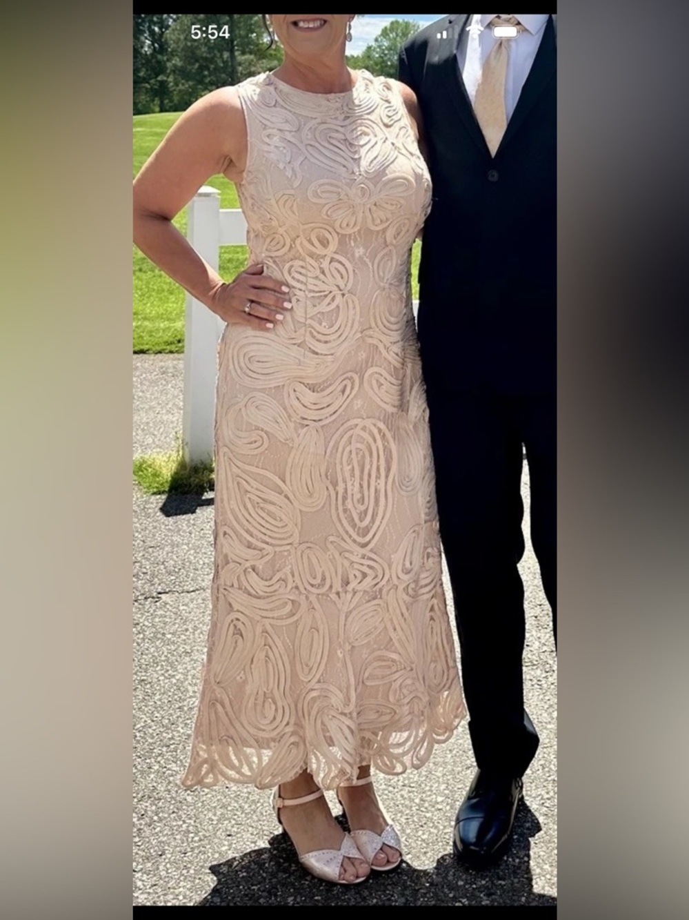Elegant Sleeveless champagne Lace Midi Dress - Mother of the Bride